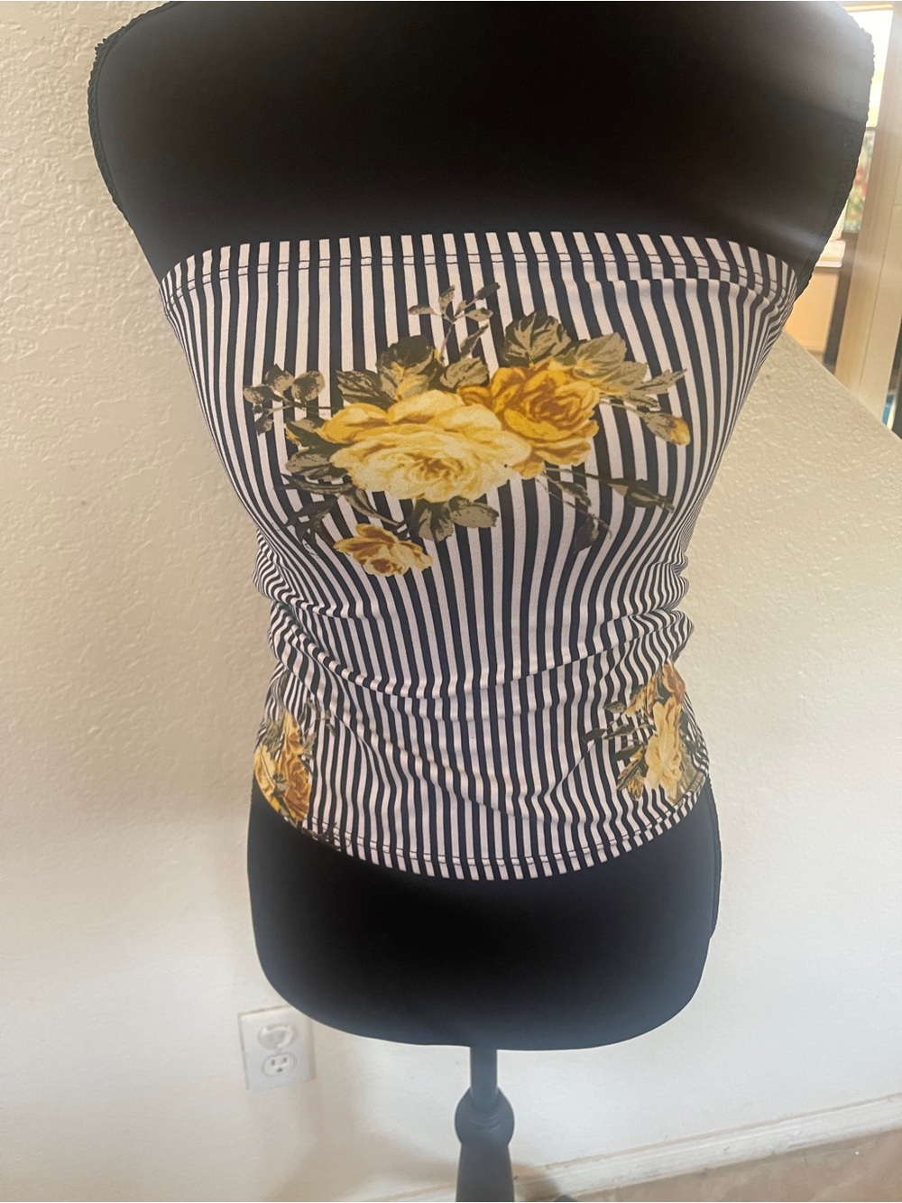 Rue21 Navy & White Striped Strapless Tube Top with Yellow Floral Print